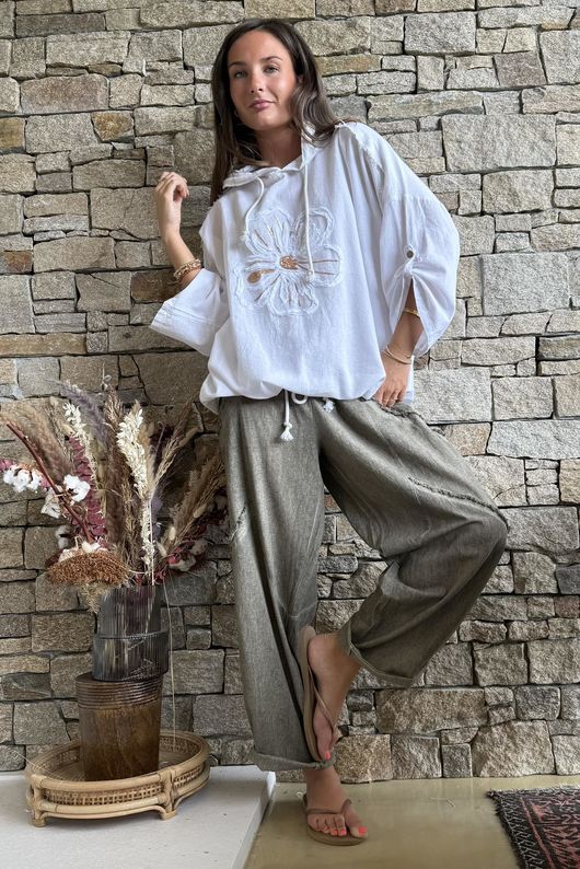 Rustic Nature Linen Blend Hippie Shake Hoodie White